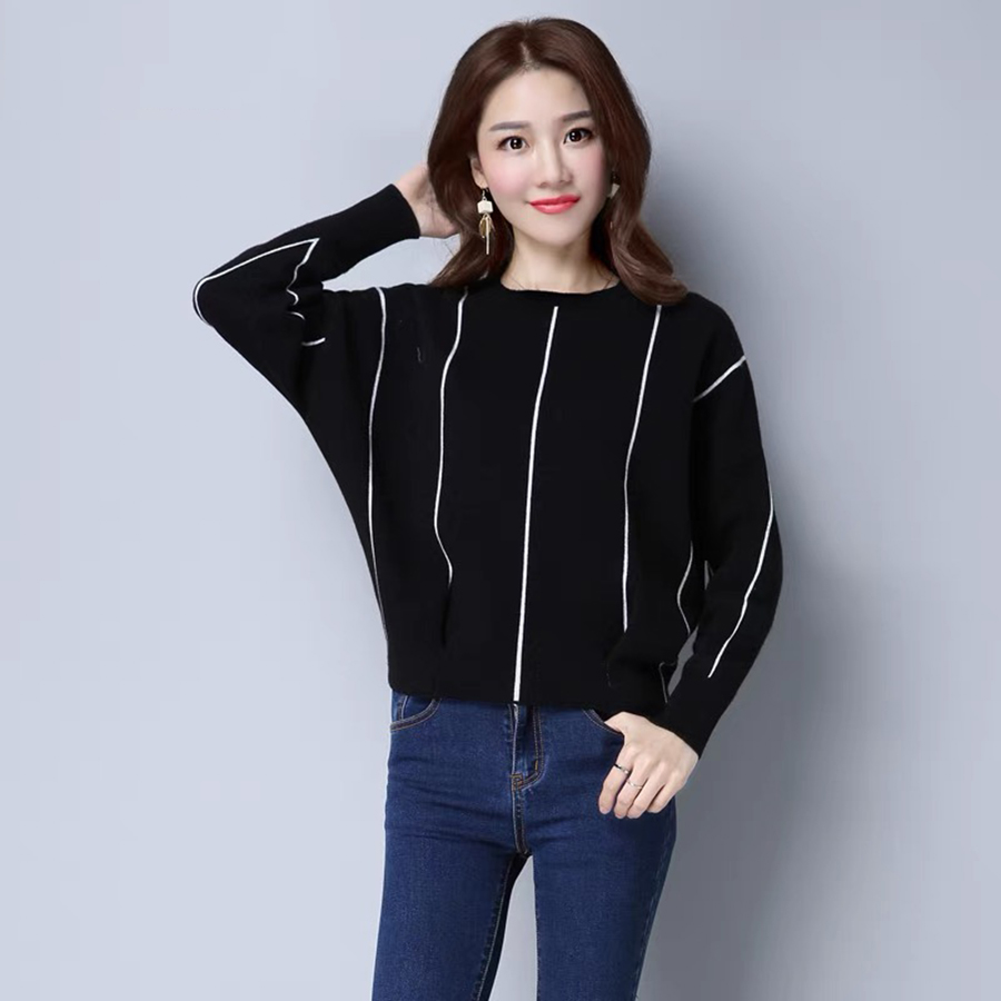 Women’s Batwing Sleeve Striped Short Sweater Casual Loose O-neck Knit Cropped Tops Korean Warm Pullover Elegant Knitwear Jumper alx