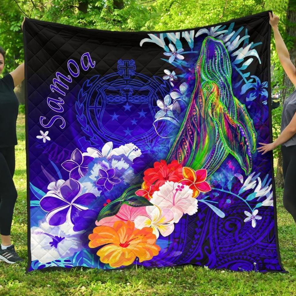 Samoa Premium Quilt – Humpback Whale With Tropical Flowers (Blue)