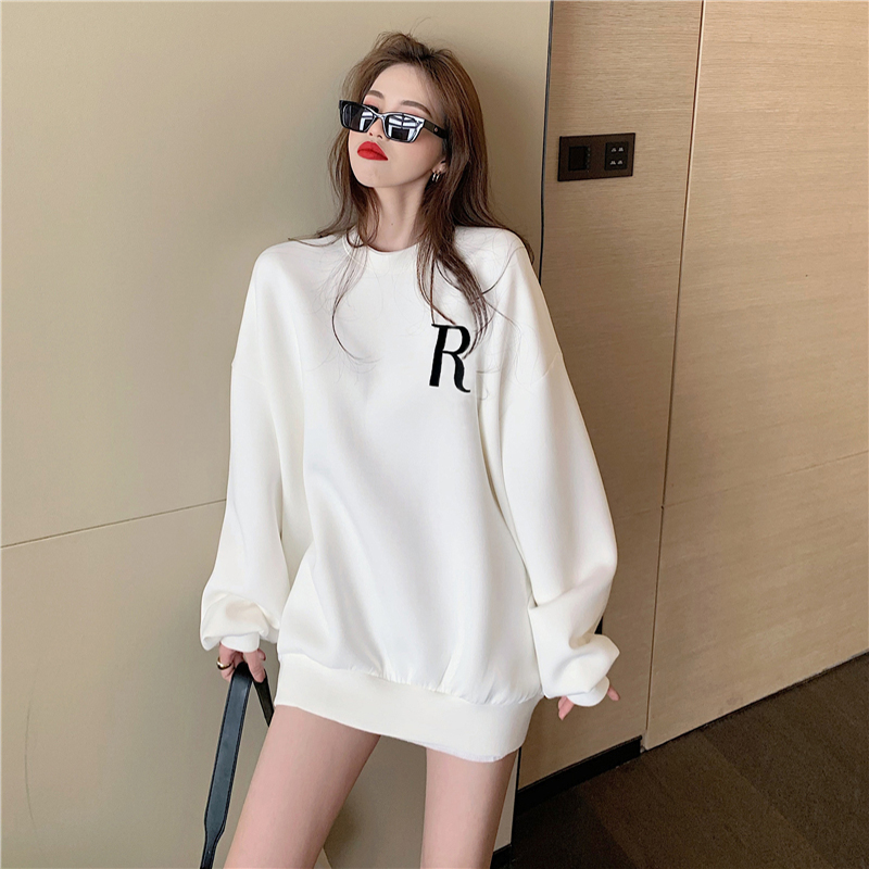 Women Pullover Korean Version Loose Leisure White Hoodless Tops Fashion O-Neck Drop Shoulder Sleeve Letter Print Sweatshirt alx