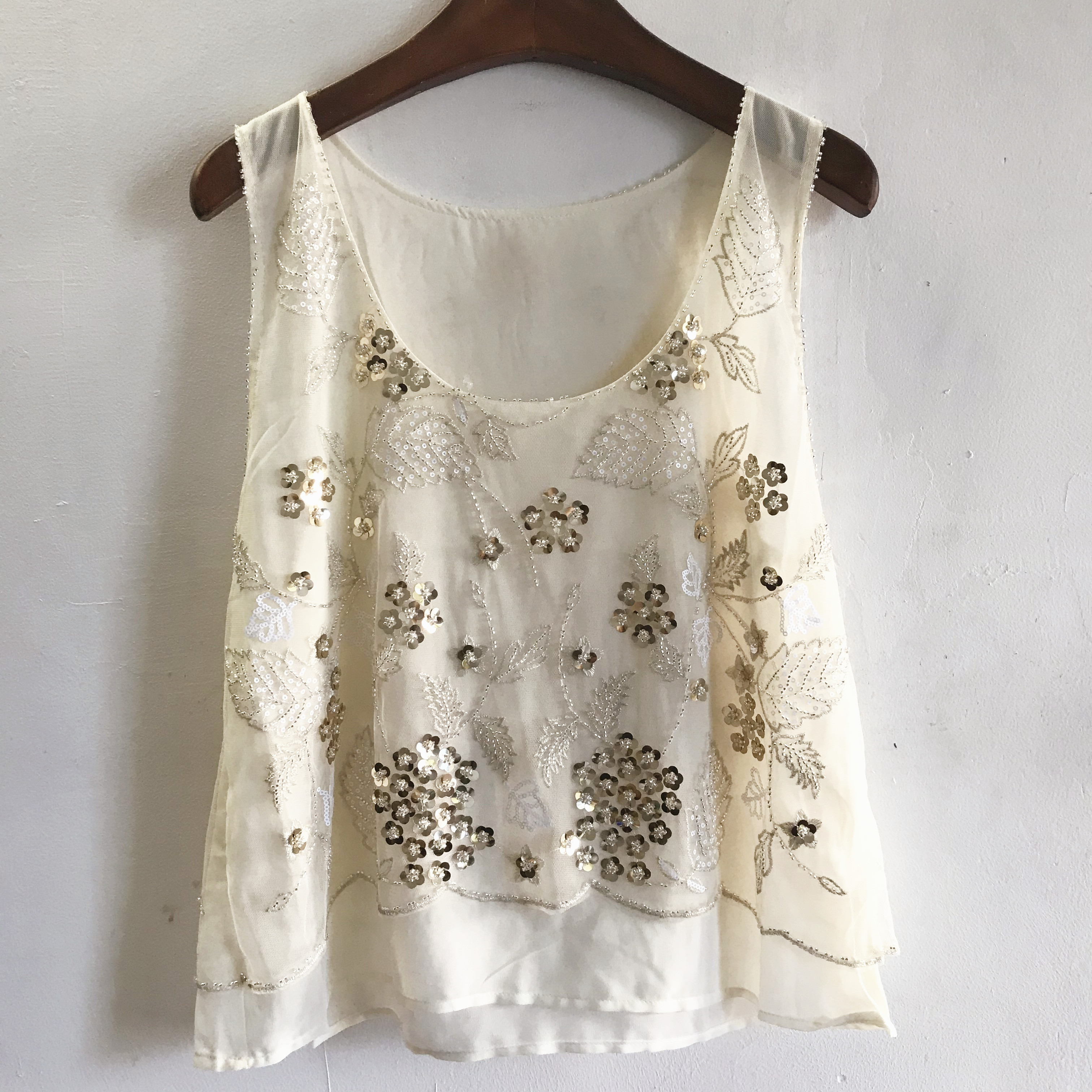 Women Floral Beaded Loose Vest Sleeveless Shirt Summer U-Neck Flowers Embroidered Sequined Chiffon Blouses Shiny Gauze Tank Tops alx