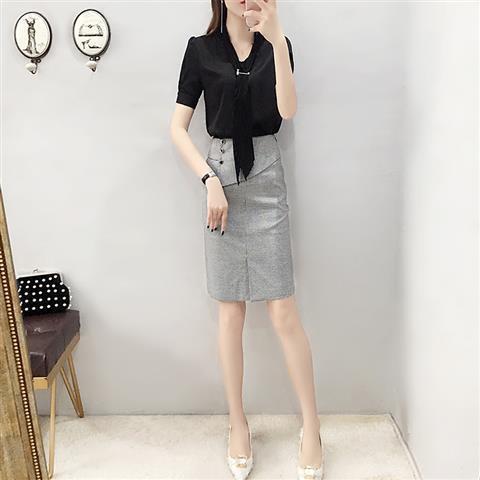 2022 Summer Women Fashion Chiffon Suits Female V-neck Short Sleeve Shirt Tops + Slim Package Hip Skirts Ladies 2 Piece Sets F190 alx