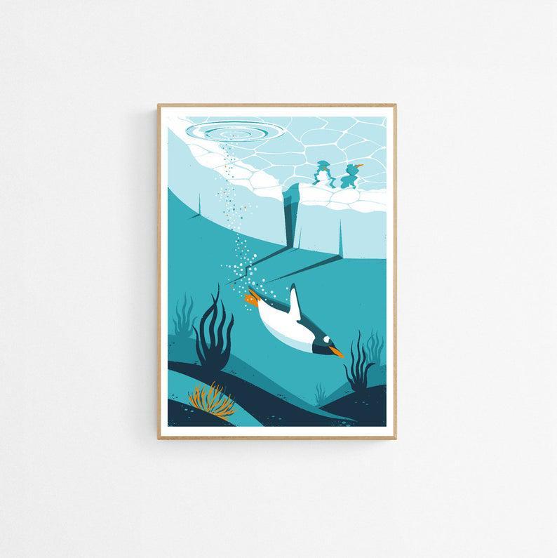 Penguin Dive Art Print, Antarctica Home Decor, Penguin Poster