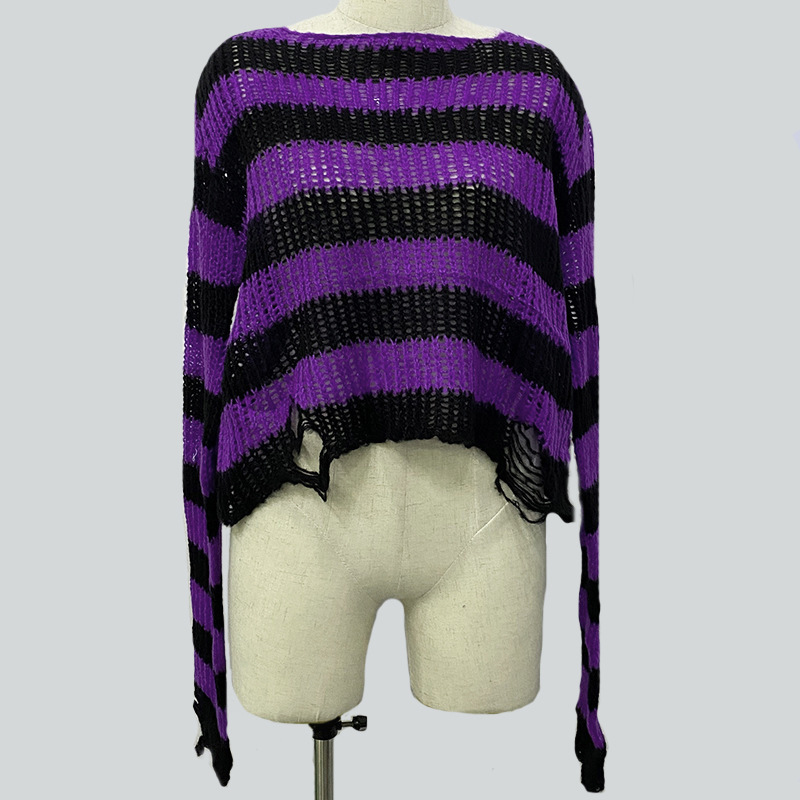 Stripe Punk Hole Sweater Women Pullover Cropped Knitted Jumper Destroy Broken Hollow Out Sexy Gothic Sueter Mujer alx