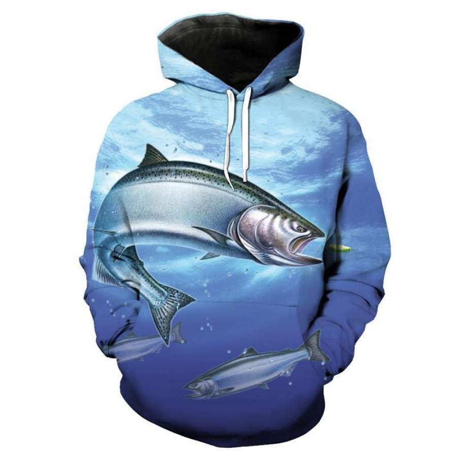 Blue Ocean Fish Print Hooded Sweatshirt Men