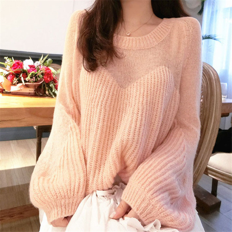 Women Fashion Thin Soft Wool Sweater Long Lantern Sleeve Loose Casual Knit Pullover O Neck Red White Knit Tops Sweater Jumper alx