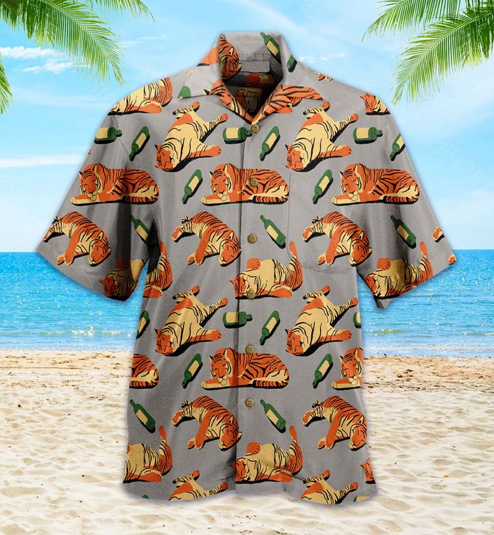 Tiger With Beer Funny Grey Hawaiian Shirt 3D