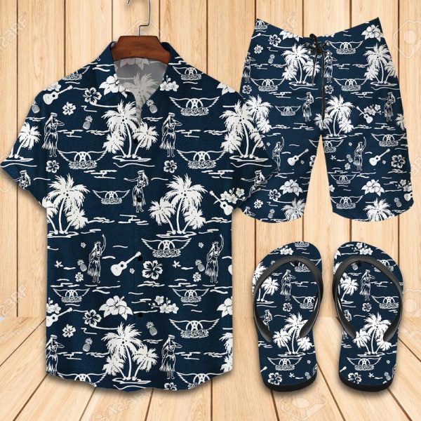 Aerosmith Rock Band Hawaiian Shirt Shorts Set & Flip Flops Summer Beach Clothes Outfit For Men Ht