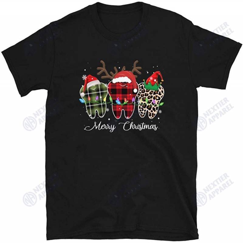 3 Three Teeth Merry Christmas Leopard Buffalo Plaid Pattern Unisex T-shirt