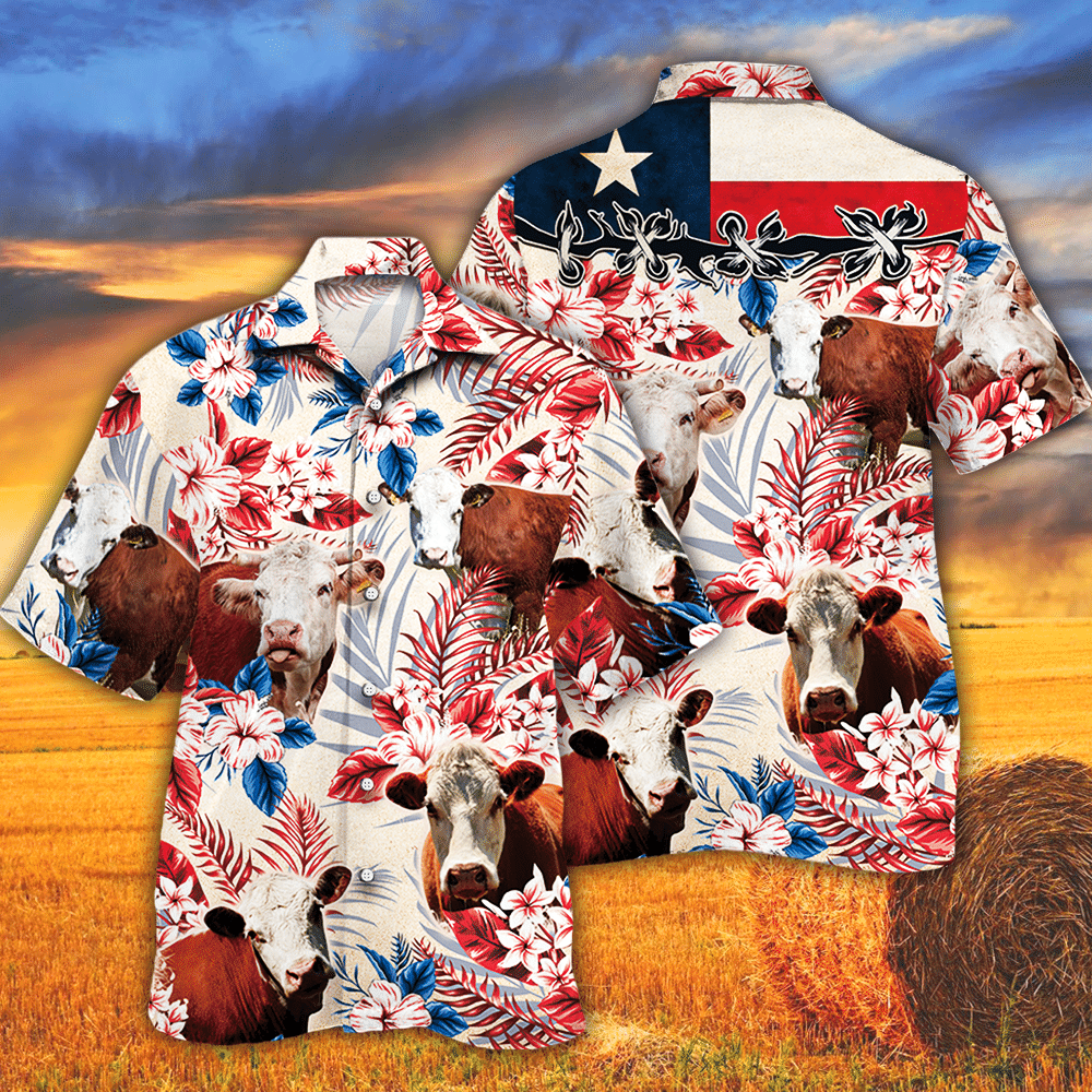 Hereford Cattle Lovers Texas Flag Hawaii Cow Hawaii Shirt For Men Women Ha15674