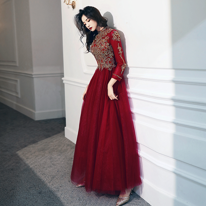 Vintage High Neck Wine Red Modest Evening Dresses With Long Sleeves Ball Gown Floor-Length Prom Gowns For Wedding alx