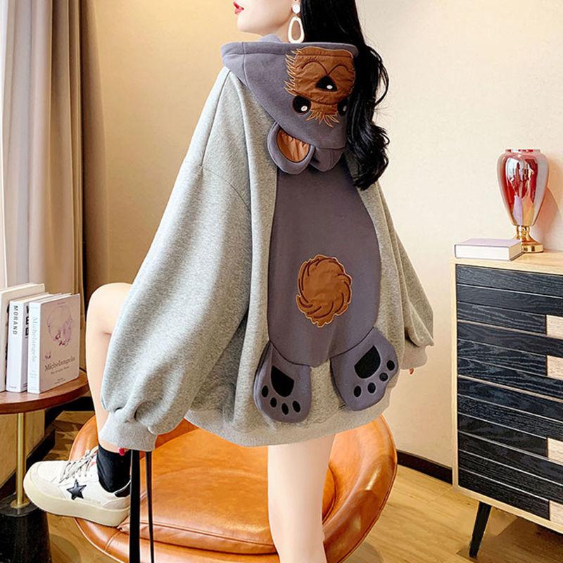 Casual Winter Plus Velvet Women Hoodie Coat Sky Blue Sweatshirt Stitching Harajuku Cartoon Cute Little Hamster Pullover Female alx