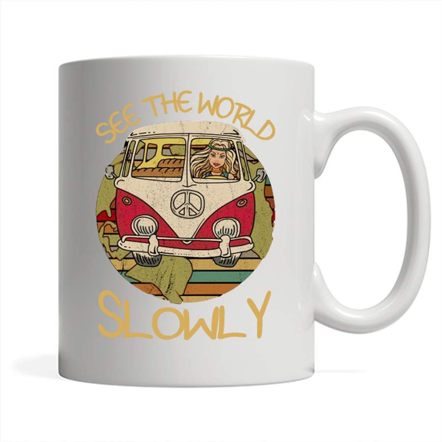 See The World Slowly Hippie Girl Peace Sign, Classic Vintage Design A – Full-Wrap Coffee White Mug