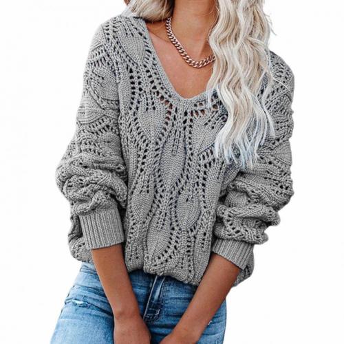 Casual Solid V-Neck Sweater Pullover Tops Women Fashion Loose Hollow Out 4 Colors Female Fashion Loose Knitted Jumper Sweaters alx