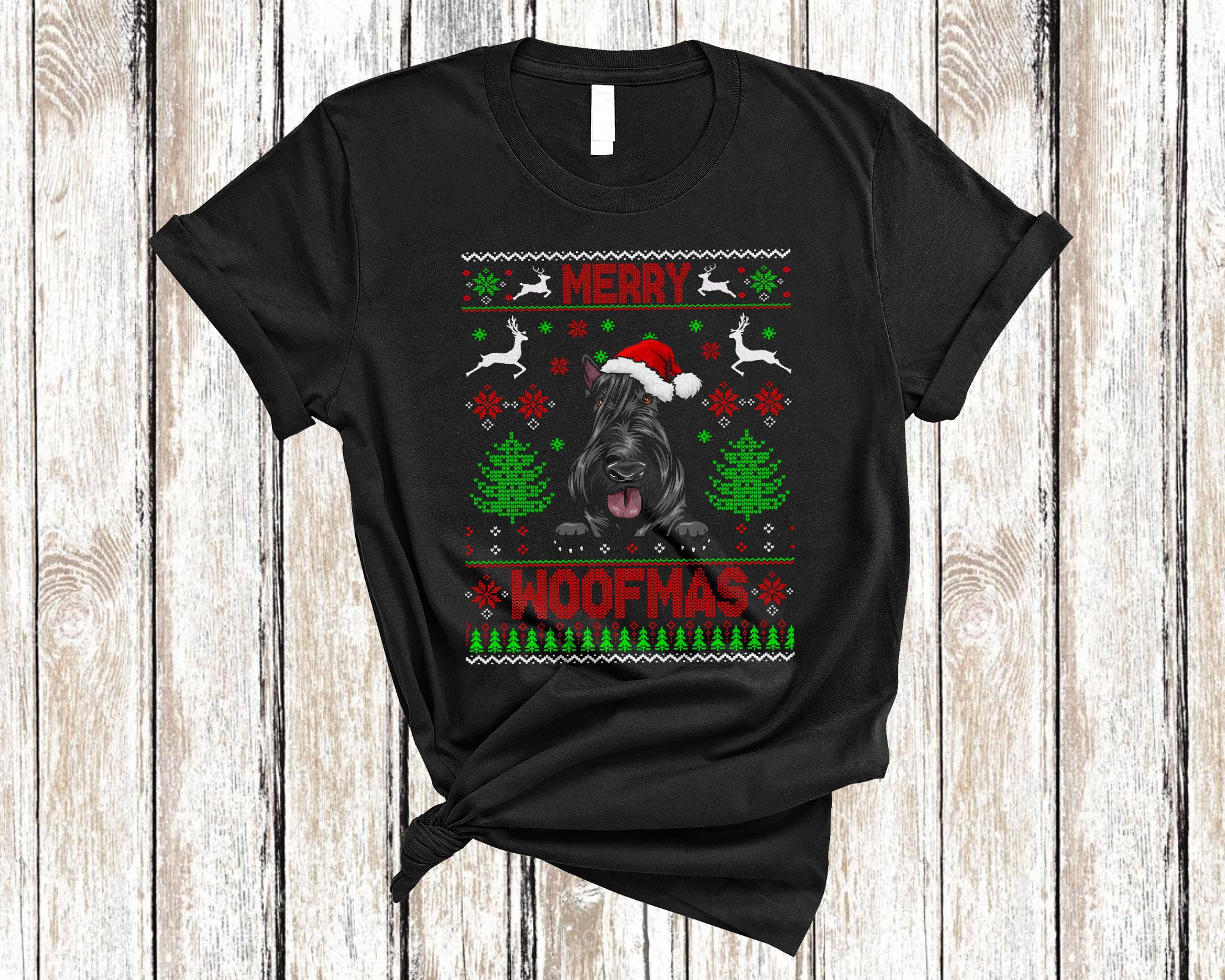 Christmas Dog Shirt Merry Woofmas Funny Ugly Christmas Santa Scottish Terrier Sweater Gifts T-Shirt