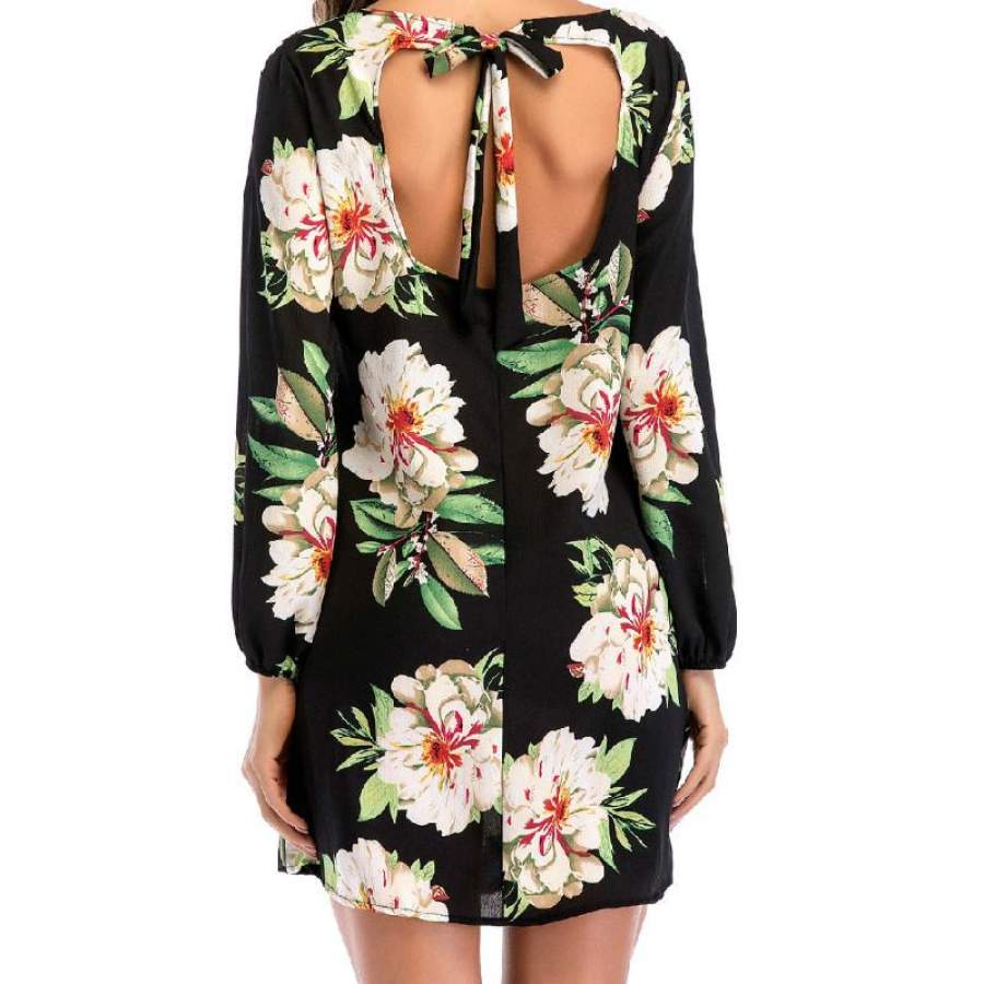 Flower Printed 2018 New Spring Summer Dress Women  Dress Dress Round Collar Long Sleeved Backless Bow Print Dress Femme GV337