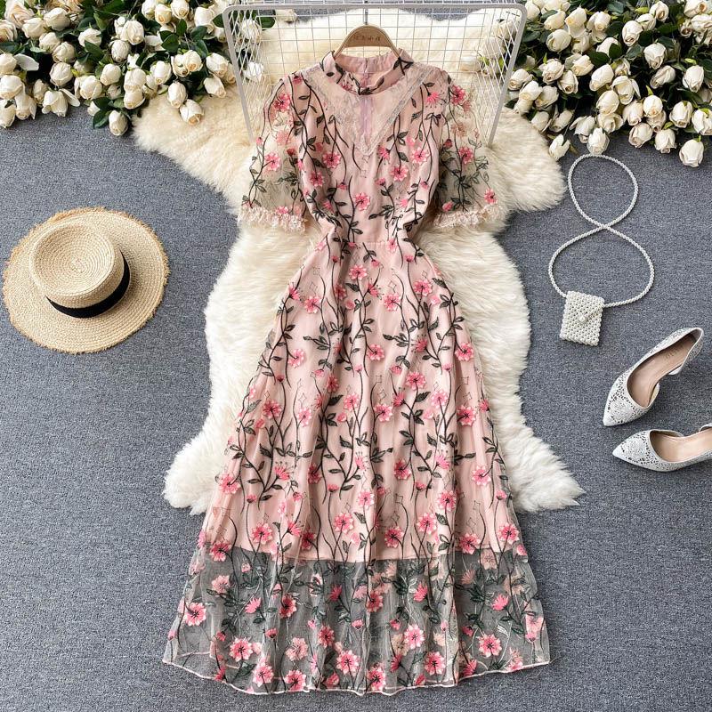 Summer Embroidery Floral Mesh Office Long Dress Women Clothes Short Sleeve Elegant Vintage Vestidos Evening Party Robe Dresses alx