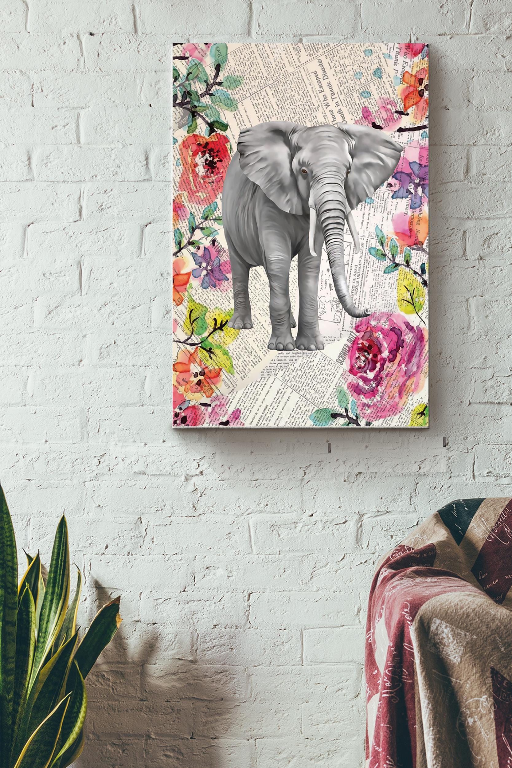 Elephant And Flowers Vintage Poster Wrapped Canvas