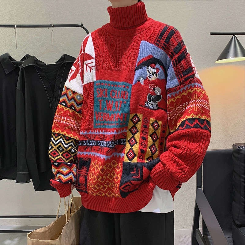 YlSHioo Winter Men Turtleneck Sweaters Christmas Ski Bear Knitted Pullovers Casual Sweaters Male Knitwear Patchwork Pullover Men alx