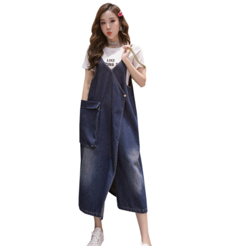 #0412 Denim Dress Femme Summer Casual Loose Sleeveless Robe Jean Dresses Women V-neck Dresses Female Vestidos Big Pocket Blue alx