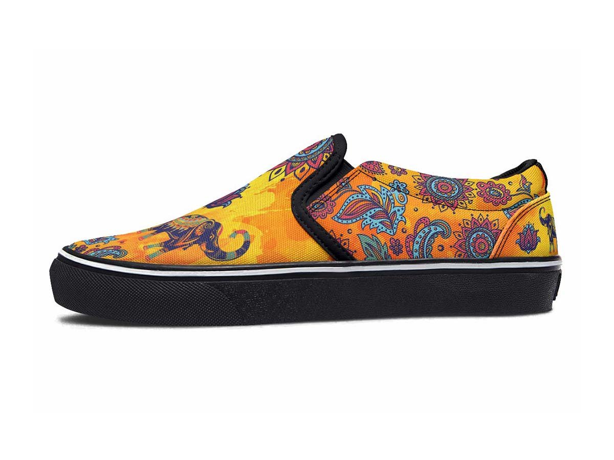 Orange Vibe Lotus Elephant, Slip Ons, Classic Sneakers, Streetwear, Vegan Shoes, Men’S Shoes, Woman’S Shoes, Custom Printed, Abstractprint