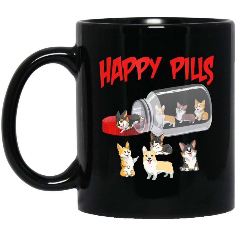 Corgi – Puppy Dog Happy Pills Black Mug Pet Owner, Dog Dad Mom Lover, Best Friends Gifts Funny Sayings Slogan Cute