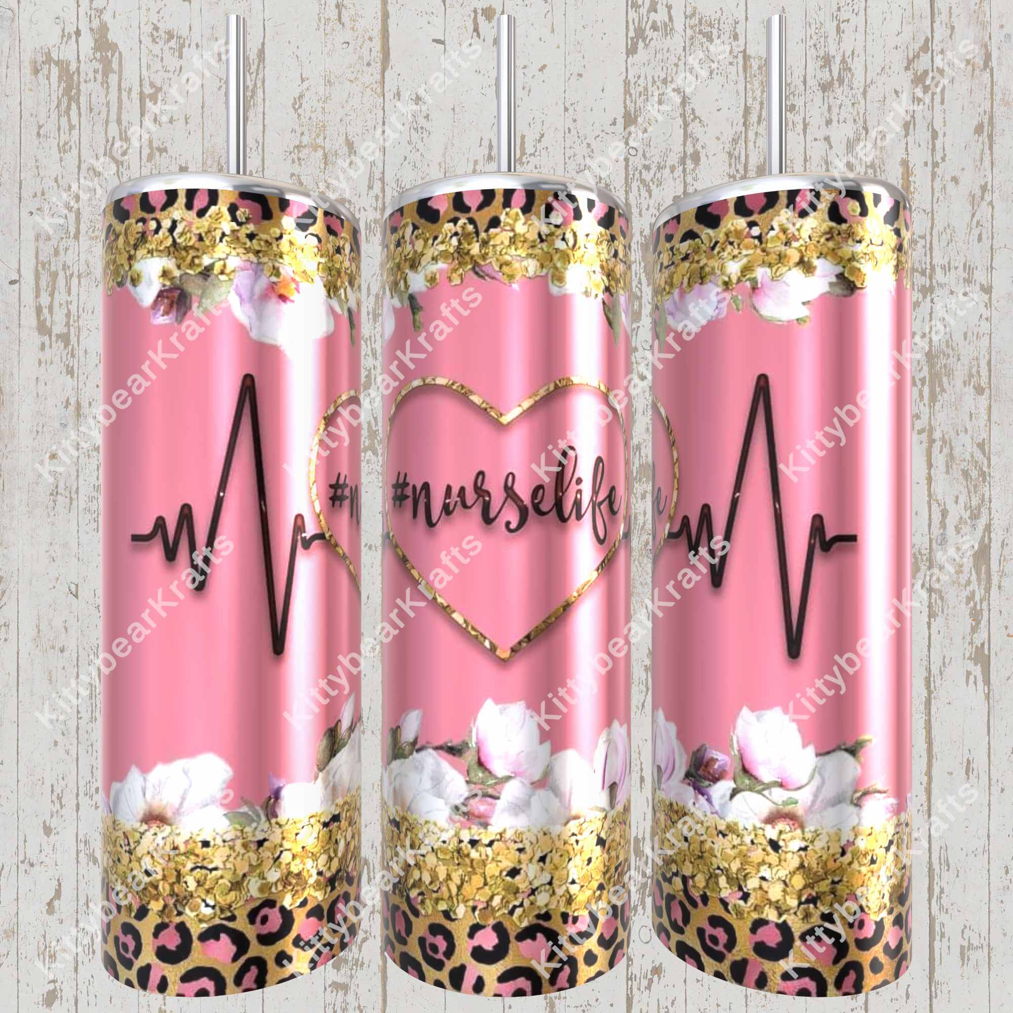 Nurse Life Heart Ecg Pink Gold Leopard Tumbler