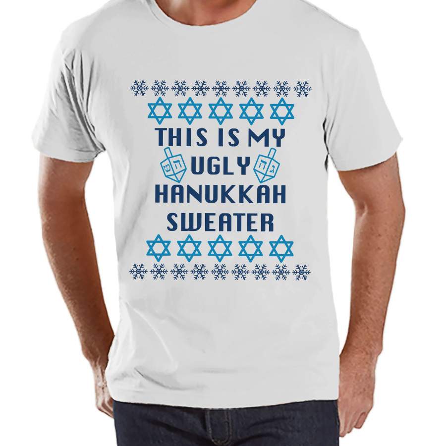 Ugly Hanukkah Sweater – Men’s Funny Ugly Sweater White T-shirt – Mens Funny Happy Hanukkah Outfit – Hanukkah Gift Idea – Ugly Sweater Party