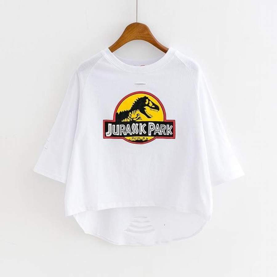 Women T-shirt Casual Cute Cartoon Dinosaur Letter Print Crop Top 2017 Summer Half Sleeved Loose Hole Cropped Feminino S3451