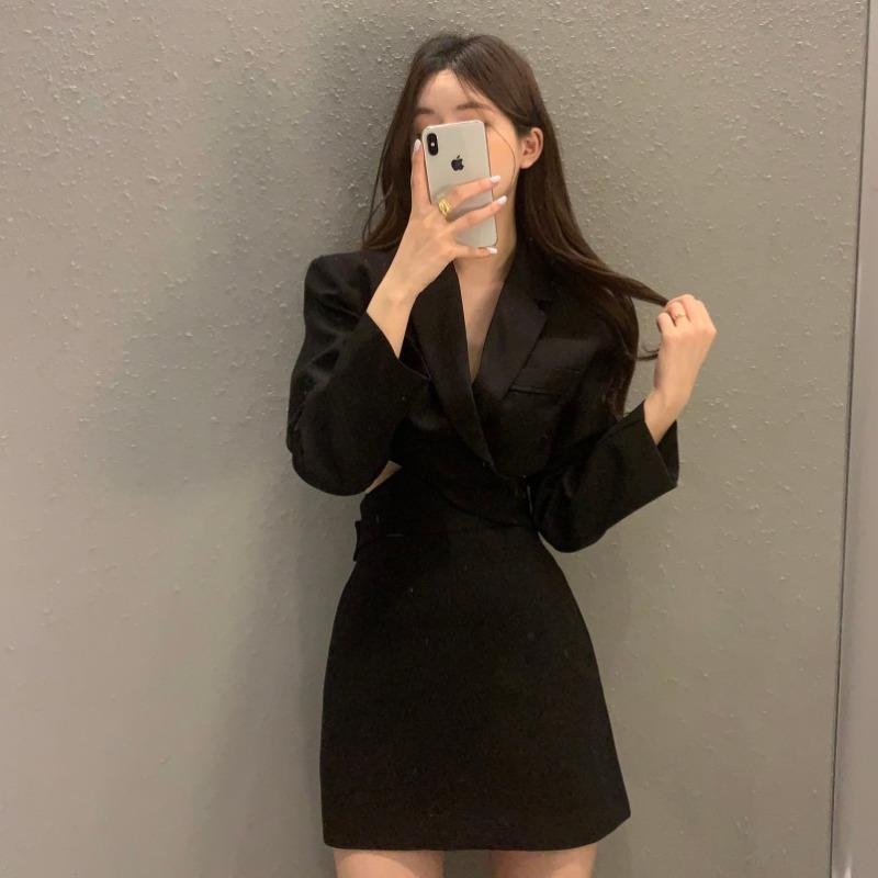 Cross Notched Hollow Waist Crop Blazers Jacket OL Top + Hip Mini Skirts Suits Black Two Piece Sets Women Clothing Korean Fashion alx