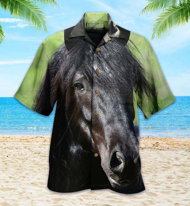 Beautiful Black Friesian Horse Green Grass Hawaii Shirt Ha67852