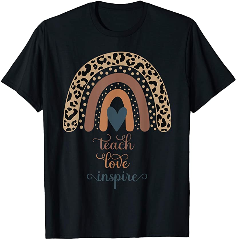 Teach Love Inspire Teacher Boho Rainbow Leopard Print T-Shirt