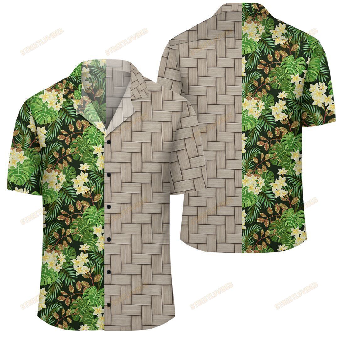 Hawaiian Tropical Leaves And Plumeria Lauhala Moiety Shirt Ah Jr Ha50218