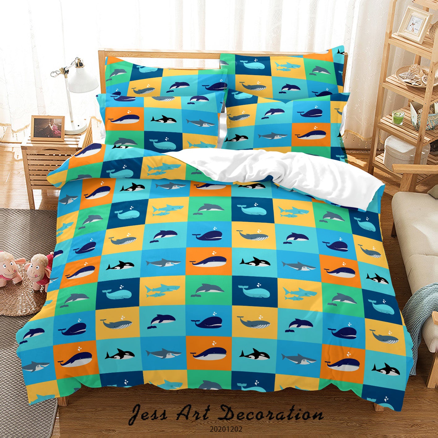 3D Cartoon Colorful Lattice Ocean Shark Whale Dolphin Fish Pattern Quilt Cover Set Bedding Set Duvet Cover Pillowcases Lxl