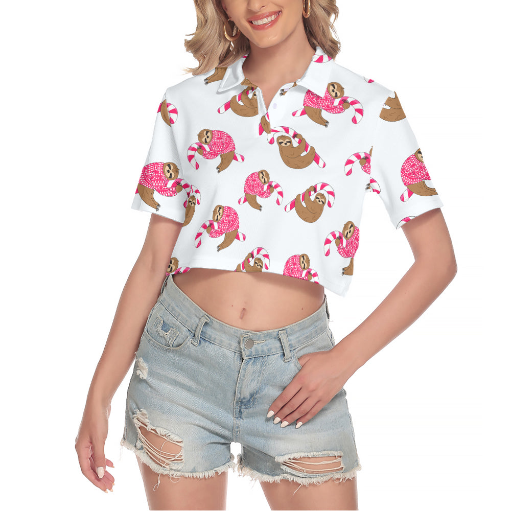 Sloth And Candy Cane V-Neck Short Sleeve Cropped T-Shirt