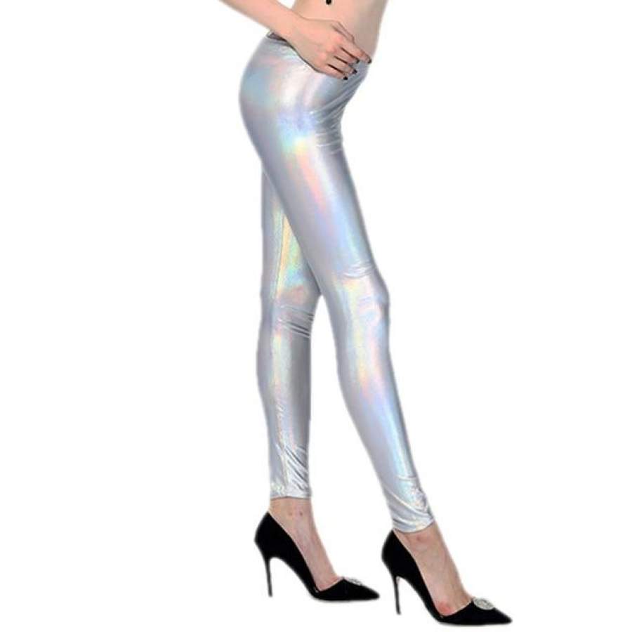 Ladies Silver Metallic Shiny Laser Leather Leggings Women Candy Color Leggings