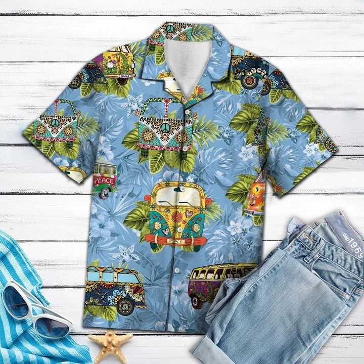 Deluxe Tropical Hippie Bus Mix Blue Theme Hawaii Shirt Ha15505