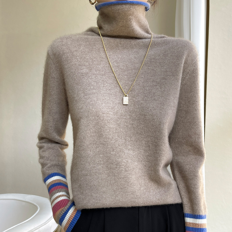 100% Merino Cashmere Sweater Women’s Collar Pullover 22Autumn and Winter New Knitted Bottoming Shirt Fashion Color-blocking Tops alx