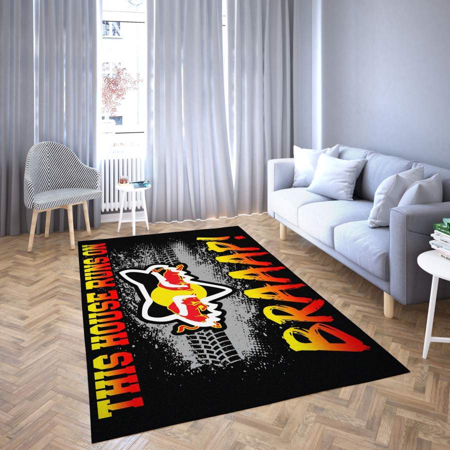 Motorcycle Red Bull Area Rug, Red & Yellow This House Runs On Braap Living Room Carpet Floor Decor