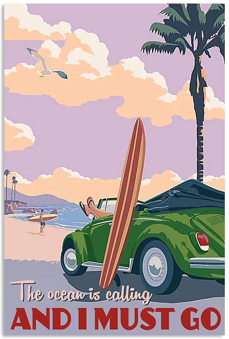 Vintage Surfing Ocean Is Calling Must Go Poster Art Print      Home Decor Gift For Men Women Family Friend On Birthday Xmas