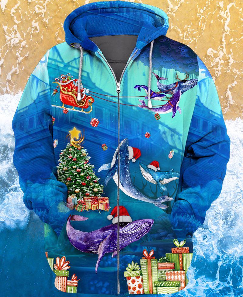 Whales For Christmas Holiday 3D Zipper Hoodie