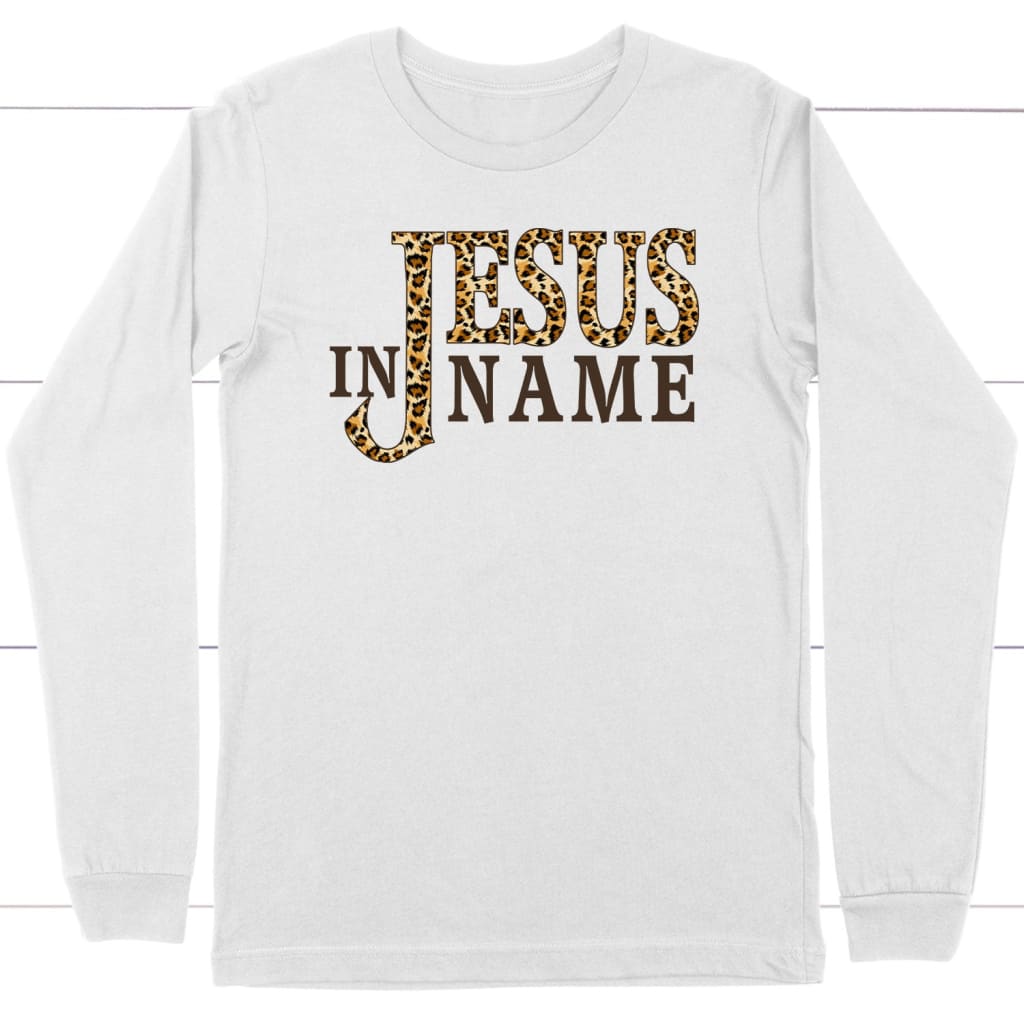 In Jesus Name Leopard Christian Long Sleeve T-Shirt | Christian Apparel