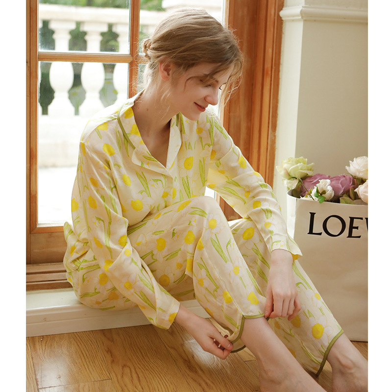 2022 Pajama Set for Women Sexy Yellow daffodils Pyjama Autumn Sleepwear Suits Long-Sleeve Home Clothes Casual Outwear Pajamas alx