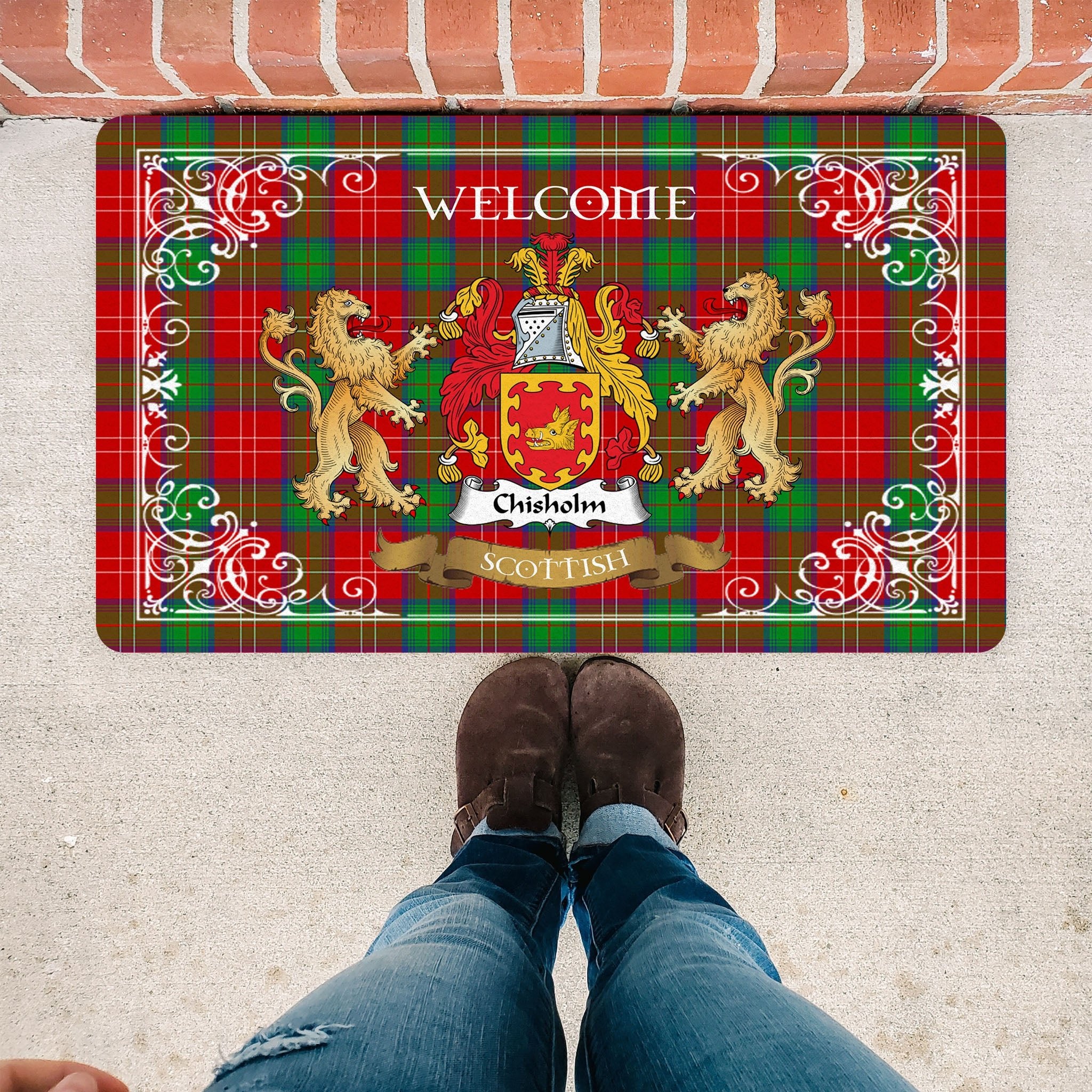 Scotstee Shop Tartan Door Mat The Family Chisholm Scottish Plaid Doormat, Welcome Mat, Christmas Door Mat