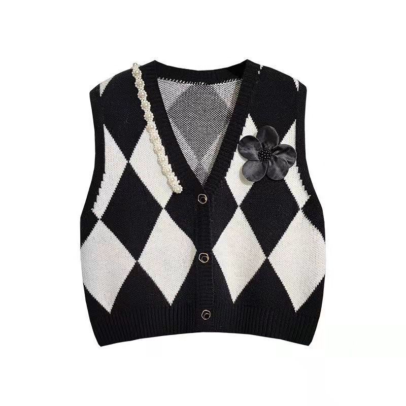 Sweater Vest Women Single Breasted Argyle Vintage Elegant Tender Autumn Design Leisure Knitwear Femme Ulzzang Chic Cozy Popular alx