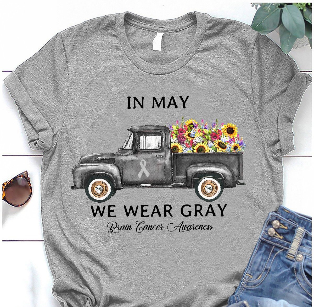 In May We Wear Gray Brain Cancer Awareness Truck Carry Flower Unisex T-shirt Hoodie Sweatshirt Plus Size S-5xl