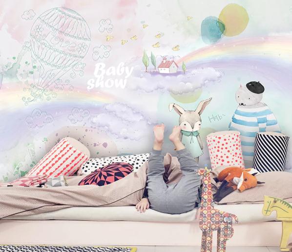 3D Cartoon Rabbit Rainbow Wall Mural Wallpaper 189