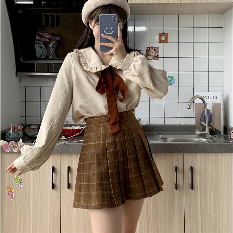 Women Sets Peter Pan Collar Shirts Sweet Kawaii Japan Style Plaid Skirts Above Knee Pleated High Waist Cardigans Retro Ruffles alx