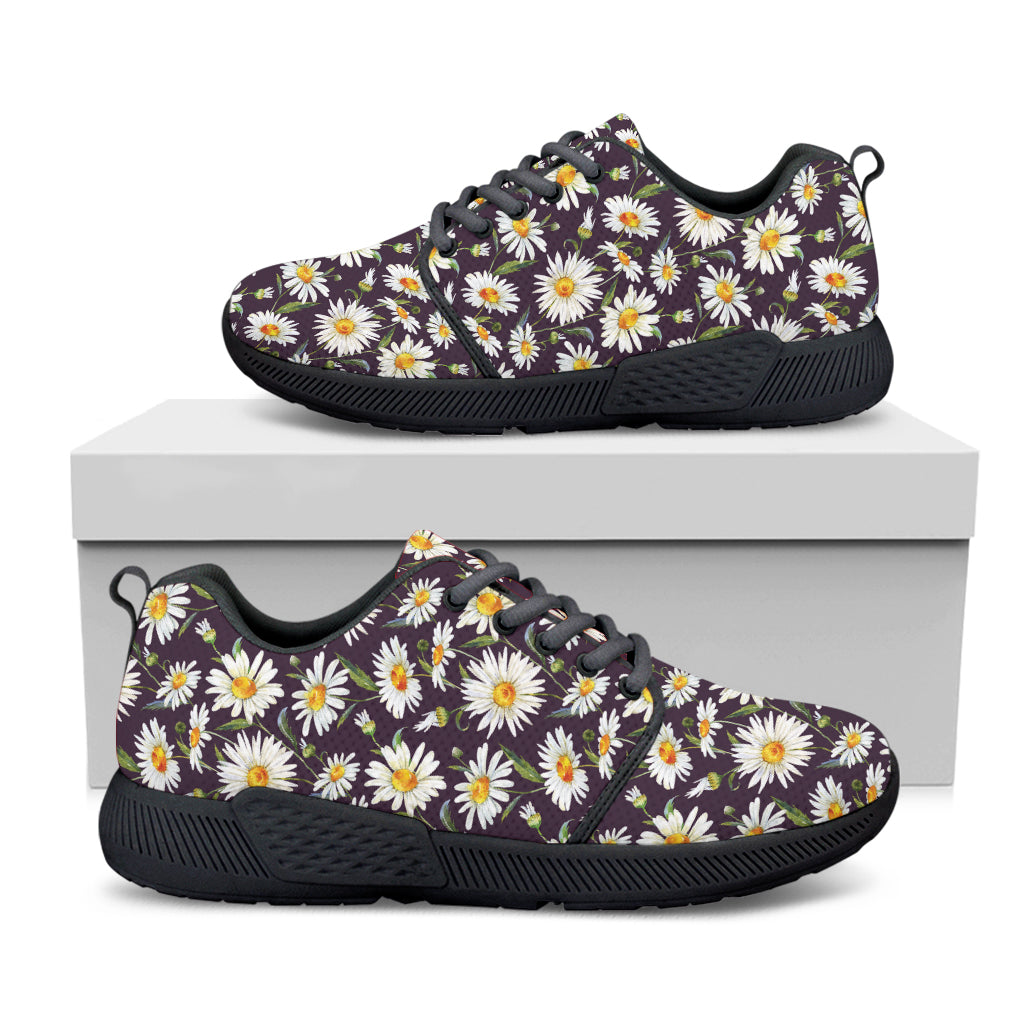 Watercolor White Daisy Pattern Print Black Athletic Shoes