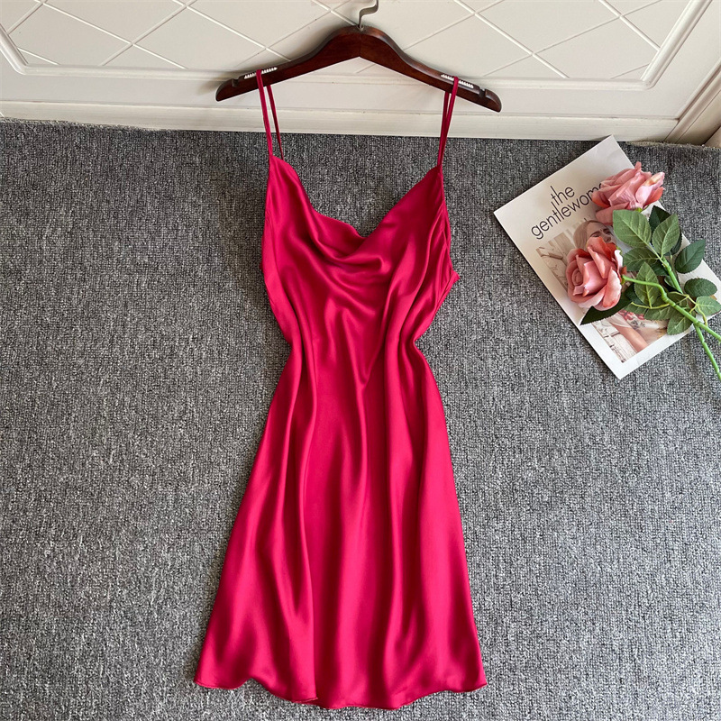 Swing Collar Nightdress Female Sexy Chemise Sleepwear Soft Satin Homewear Sleeveless Loungewear Spaghetti Sling Nightgown alx