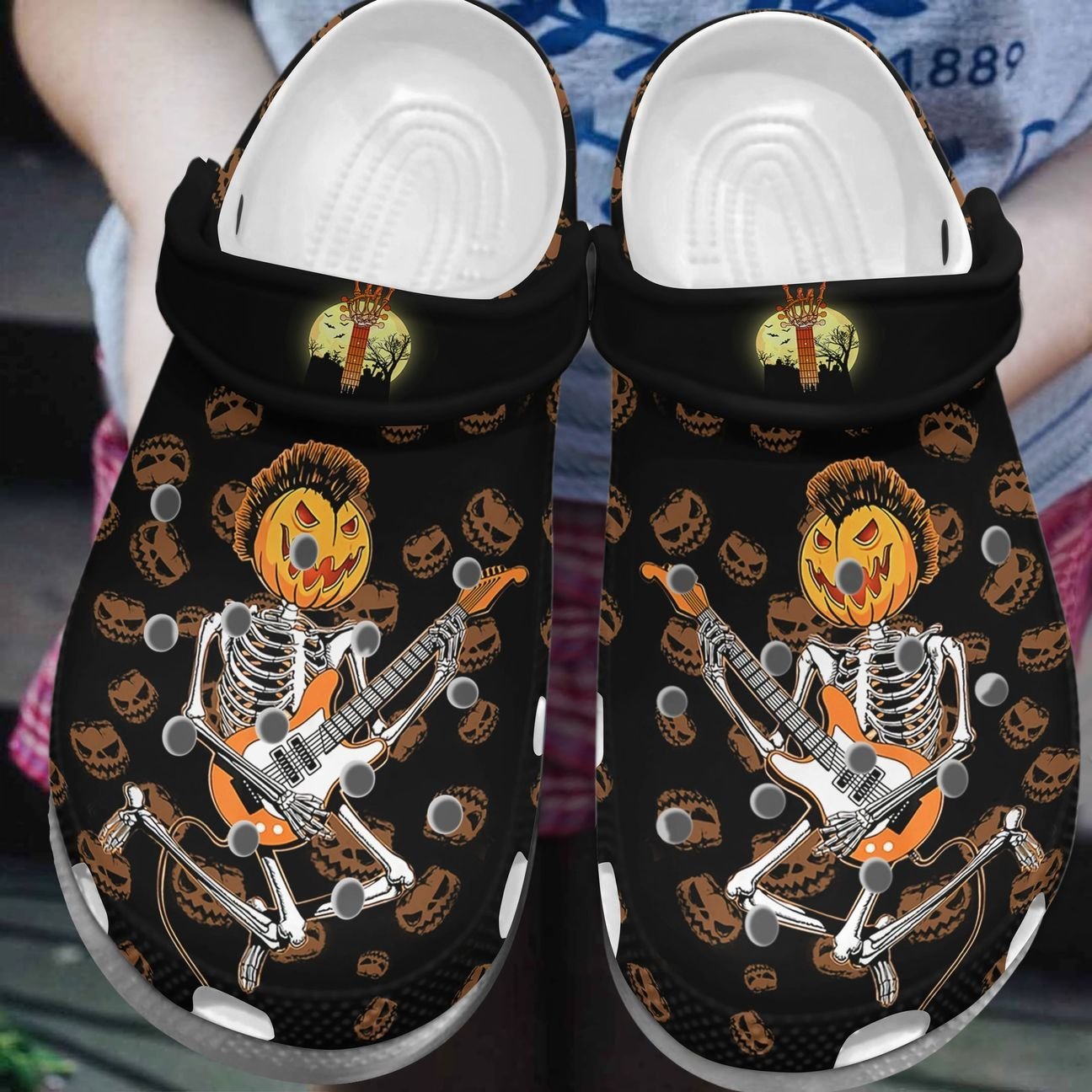 Guitar Personalized Clog, Custom Name, Text, Color, Number Fashion Style For Women, Men, Kid, Print 3D Halloween Skeleton Pumpkin Guitarist